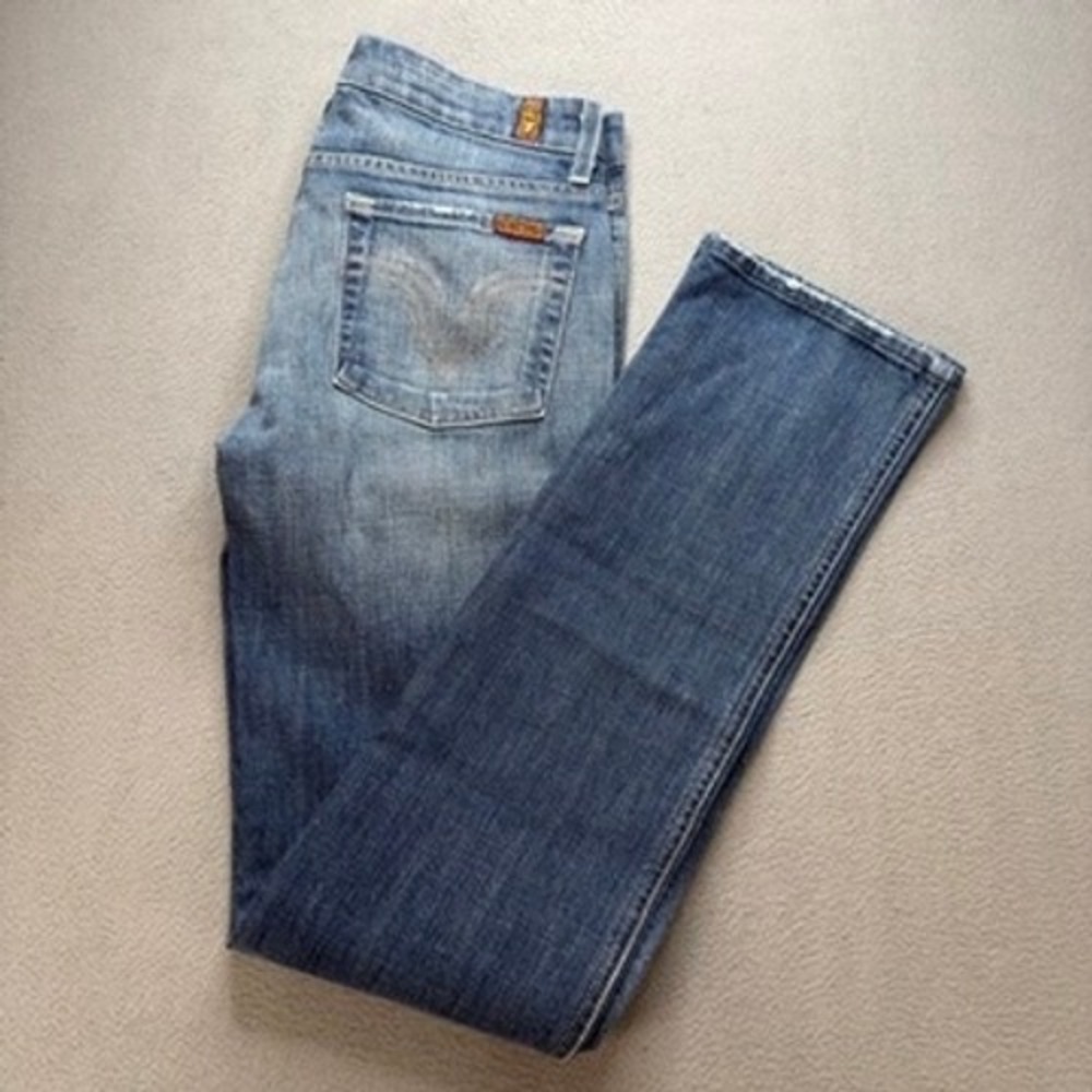 7 For All Mankind Kate Straight‎ Leg Jeans Slim Fit 27 Blue Low Rise Distressed